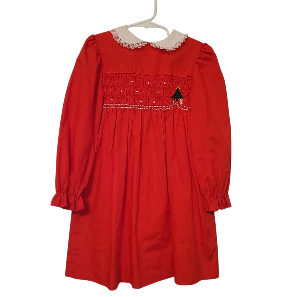 Polly Flinders Vintage EUC Red Christmas Embroidered Smocked  Dress, Size 6 - Picture 3 of 11